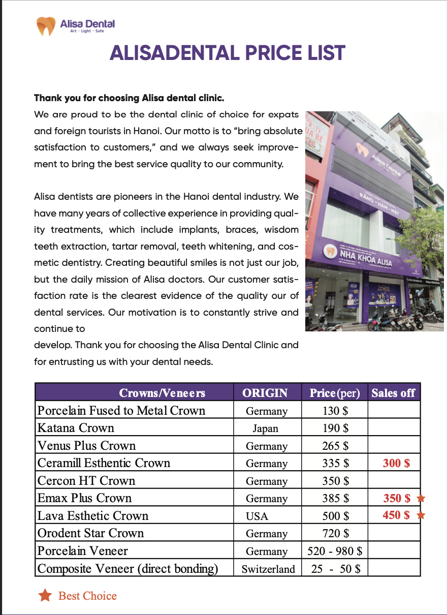 Price list Alisadental 2025