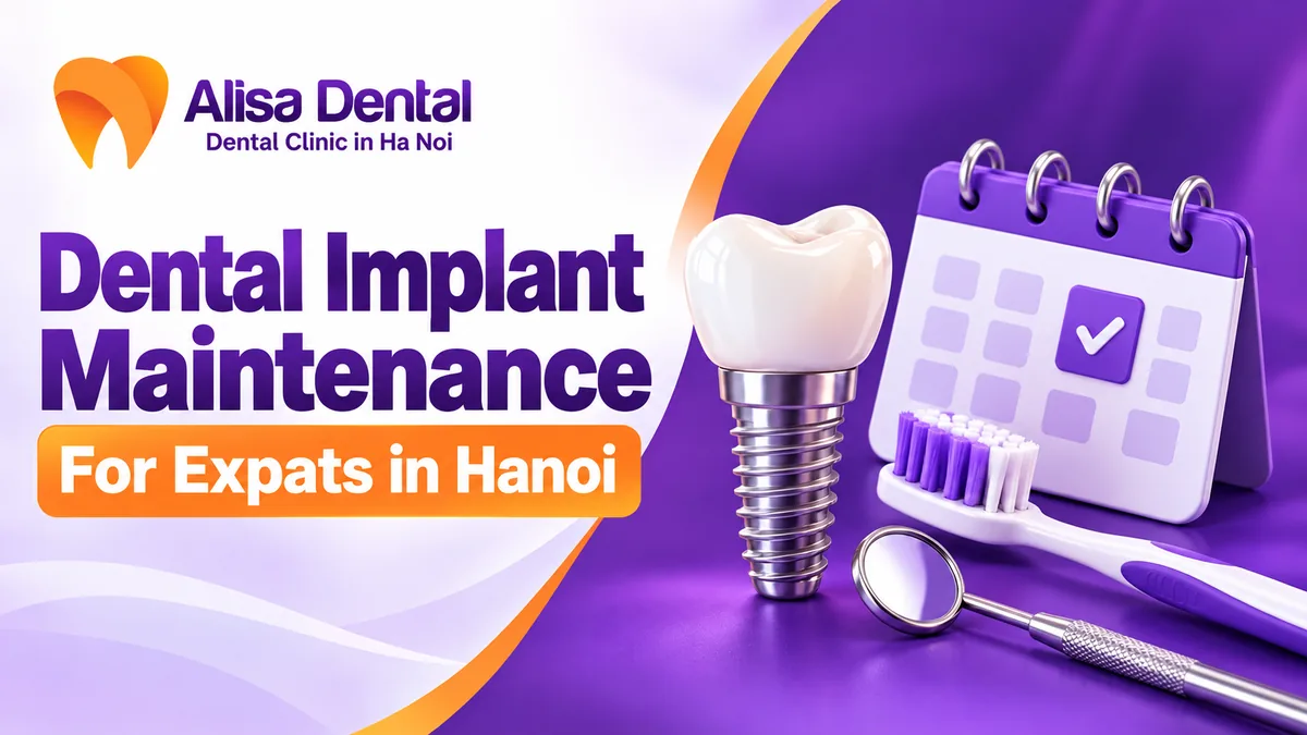 Illustration of a dental implant, cleaning brush and review calendar for implant maintenance in Hanoi