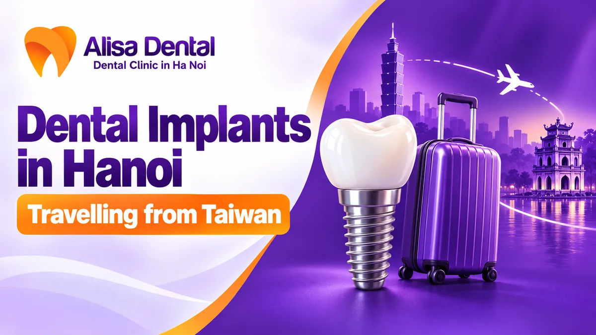 Dental implant and suitcase illustration with Taipei and Hanoi landmarks for patients travelling from Taiwan