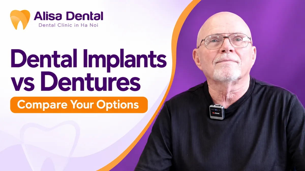 Alisa Dental customer portrait accompanying a guide to dental implants versus dentures in Hanoi